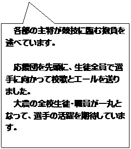 �l�p�`�����o��: �e���̎叫�����Z�ɗՂޕ������q�ׂĂ��܂��B

�����c��擪�ɁA���k�S���őI��Ɍ������čZ�̂ƃG�[���𑗂�܂����B
��_�̑S�Z���k�E�E������ۂƂȂ��āA�I��̊�������҂��Ă��܂��B
